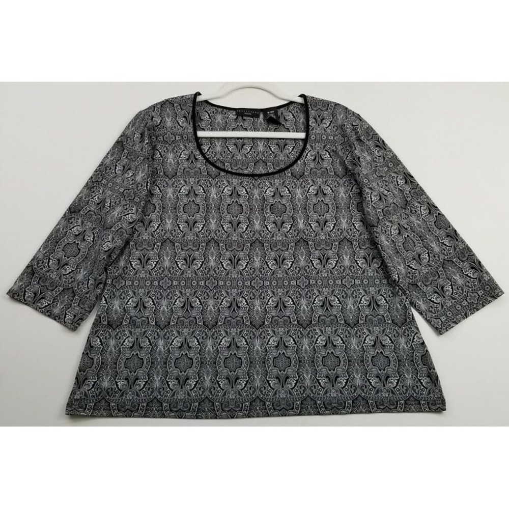 Apostrophe Top Womens 16W 18W Black Gray White Floral Paisley 3/4 Sleeve T Shirt